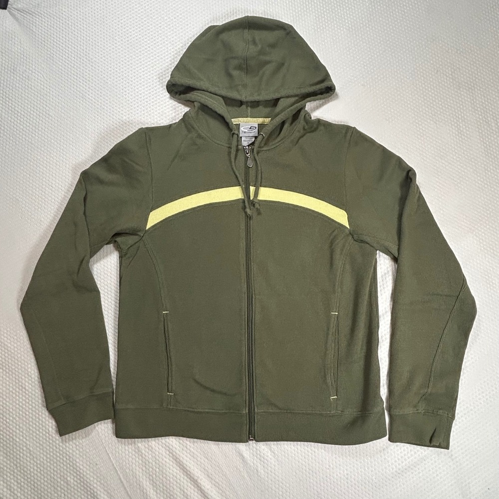 VTG C9 by Champion Womens Waffle Knit Full Zip Hoodie Olive Green Lime Stripe M